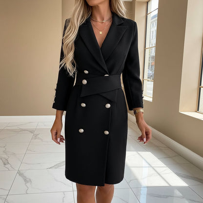 Women’s Dress | Double-Breasted Blazer Style, Midi Length-Blazer Dresses-Zeravi-Black-S-Zeravi