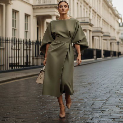 Women’s Dress | Elegant Midi Design with Waist Belt-Midi Dresses-Zeravi-Olive Green-S-Zeravi